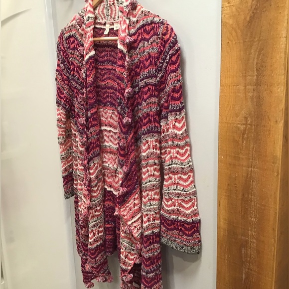 Moth Womens Crochet Cardigan Open Front Sweater Size M Fringe Stripes Poms Boho - Picture 8 of 15